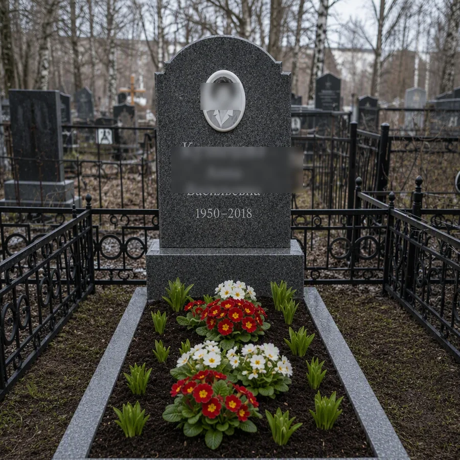 Уход за могилой после — отсыпка гравием, живые цветы, Богословское кладбище